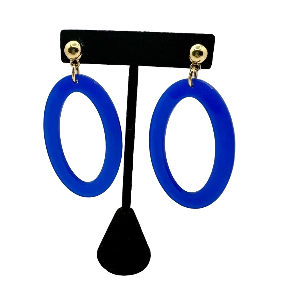 Acrylic blue oval dangle drop royal blue post 80s 90s earrings